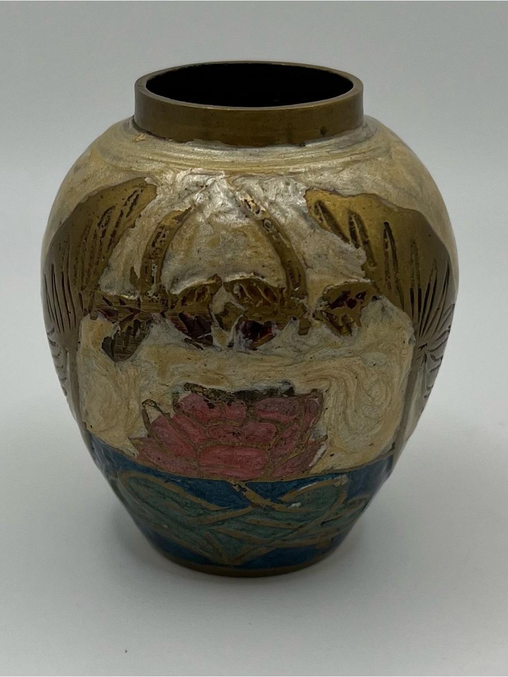 Vintage Brass Mini Vase Cloisonné Enamel Louts Flower 3.25x1.25”